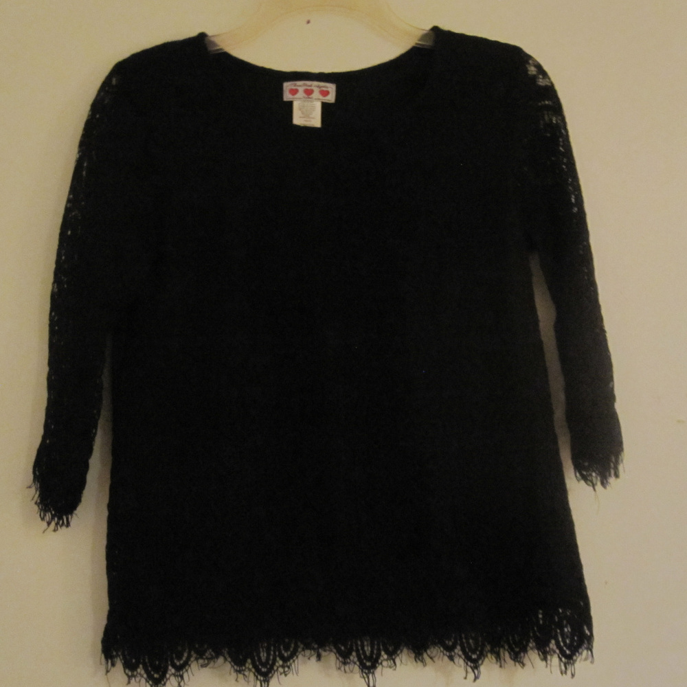 Three Pink Hearts Black Lace Lined Top XS EUC